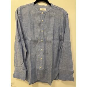 Uniqlo Shirt Men's Large Blue Linen Collarless Classic Preppy Career Office
